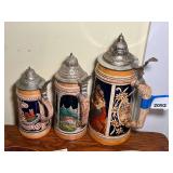 Set of 3 German Ceramic Beer Steins with Pewter Lids
