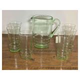 DR… Light, translucent Depression uranium glass pitcher with six glasses, see pictures for details.