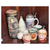 Assorted Decorative Tableware, Glass Jar with Mineral Specimens, and Ceramic Collectibles