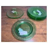 DR… Vintage green Depression uranium glass sandwich plates and tidbit server, approximately 10 pieces, see pictures for details.