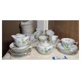 DR…Vintage Narumi "Ravenna" (or "Spring Ivy") pattern dishware to include cups and saucers, berry bowls, sugar and creamer, and gravy boat. Approximately 45+ pieces, two of the cups appear to have a