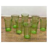 DR…Vintage green Depression uranium glass tumblers, in the "Moderntone" pattern, set of eight, believed to be vintage Hazel Atlas glass. See pictures for details.