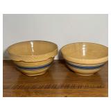 DR… Vintage banded heavy yellow ware stoneware mixing bowls, two pieces, see pictures for details.