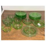 DR… Vintage green Depression uranium glass snack plates, saucers, cups, and more. Approximately 21 pieces. See pictures or details.