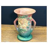 DR… Vintage Roseville Pottery "Peony" double-handled vase in the coral pink and green colorway, originally introduced by the company in 1942. See pictures for details.