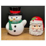 Set of Two Ceramic Holiday Cookie Jars Featuring Snowman and Santa Claus