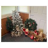 Assorted Christmas Decor Lot Including Artificial Trees, Wreaths, Figurines, and Ornaments
