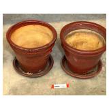 Pair of Red Glazed Ceramic Planters with Saucers