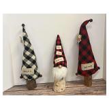 Set of 3 Fabric Gnome Figures on Wood Bases with Holiday Accents