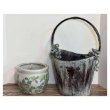 Ceramic Floral Planter and Distressed Metal Bucket with Handle