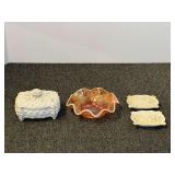 Iridescent Marigold Carnival Glass Bowl, Believed to Be Vintage Indiana Glass, Collectible Ardalt Japan Ceramic Cigarette box with Two Matching Ashtrays
