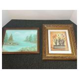 Framed Nature Landscape Painting and Floral Still Life Print