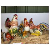 Ceramic Rooster and Hen Figurines with Wooden Barn Decor