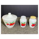 Fire-King Oven Ware Milk Glass Cherry Pattern Kitchen Set