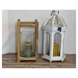 Set of Two Decorative Candle Holders: Wood and Glass Cylinder Holder and White Metal Birdcage Lantern