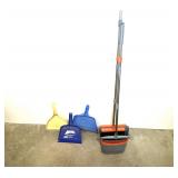 Assorted Cleaning Supplies Including Broom and Dustpans