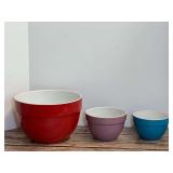 Set of 3 Stoneware Mixing Bowls in Red, Purple, and Blue