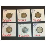 Group of Six WWII Era Silver Nickels in Coin Holders