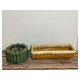 Set of Two Glazed Ceramic Planters Including Bamboo Design and Drip Glaze Long Rectangular Planter