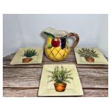 HD Designs "Dine" Decorative Square Plates, Also Includes a Majolica Style "Fruit" Pitcher