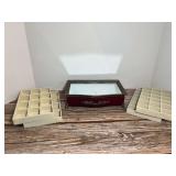 Red Velvet Jewelry Box with Glass Top and Four Velvet-Lined Insert Trays