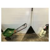 Scotts Turf Builder Spreader, Lawn Rake, and Pump Sprayer Lot