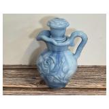 Vintage Avon Blue Slag Glass Pitcher with Stopper With Raised Rose Motif, "Victoriana"