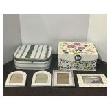 Decorative Storage Boxes, Photo Frames, and Woven Basket Lot