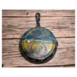 Hand-Painted Cast Iron Skillet with Country Landscape Scene