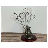 Decorative Metal Bear Figurine with Wire Balloon Card Holders and Wooden Base