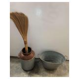Metal Milk Can Replica with Decorative Broom and Galvanized Tub Set