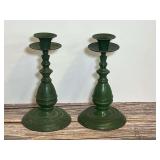 Pair of Green Painted Metal Candlestick Holders