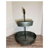 Two-Tier Galvanized Metal Tray Stand with Wooden Handle