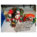 Holiday Decor Assortment with Snowman Figurines, Crystal Train, and Storage Bin
