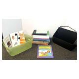 Assorted Books, Metal Magazine Holder, and Storage Bin Lot