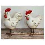 Decorative Ceramic Rooster and Hen Figures on Metal Wire Stands