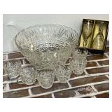 Clear Pressed Glass Punch Bowl Set with Cups and Lidded Irish Coffee Glasses