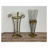 Pair of Glass Vases in Metal Stands