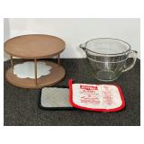 Pyrex Glass Measuring Bowl with Two-Tier Metal Stand and Potholder