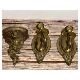 Assorted Brass Wall Decor Including Sconces and Shelf