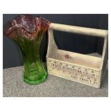 Green and Pink Art Glass Vase with Wooden Trout Furniture Co. Caddy