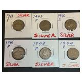 Six WWII Era Silver Nickels