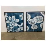 Set of Two Blue and White Floral Canvas Wall Art Pieces in Wood Frames