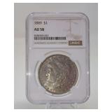1889 MORGAN SILVER DOLLAR COIN, NGC GRADED AU58