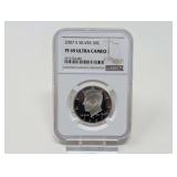2007-S KENNEDY SILVER HALF DOLLAR COIN, NGC GRADED PF69 ULTRA CAMEO