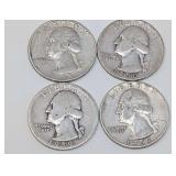FOUR PRE-1965 WASHINGTON SILVER QUARTER DOLLAR COINS