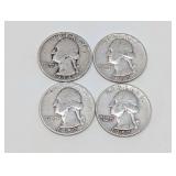 FOUR PRE-1965 WASHINGTON SILVER QUARTER DOLLAR COINS