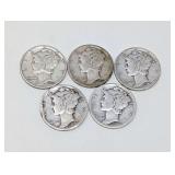 FIVE MERCURY SILVER DIME COINS