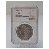 1878-S MORGAN SILVER DOLLAR COIN, NGC GRADED MS62