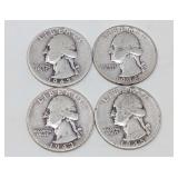FOUR PRE-1965 WASHINGTON SILVER QUARTER DOLLAR COINS